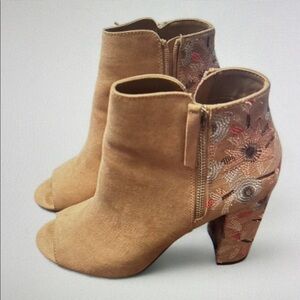 Embroidered Tan Heeled Boots